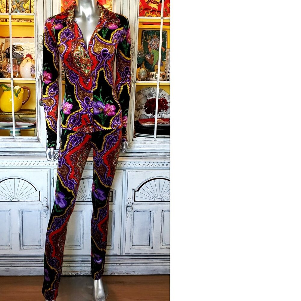 Vintage Betsey Johnson Floral Leopard Stretch Velvet Jeans Pants Dress Top Shirt - Picture 2 of 16